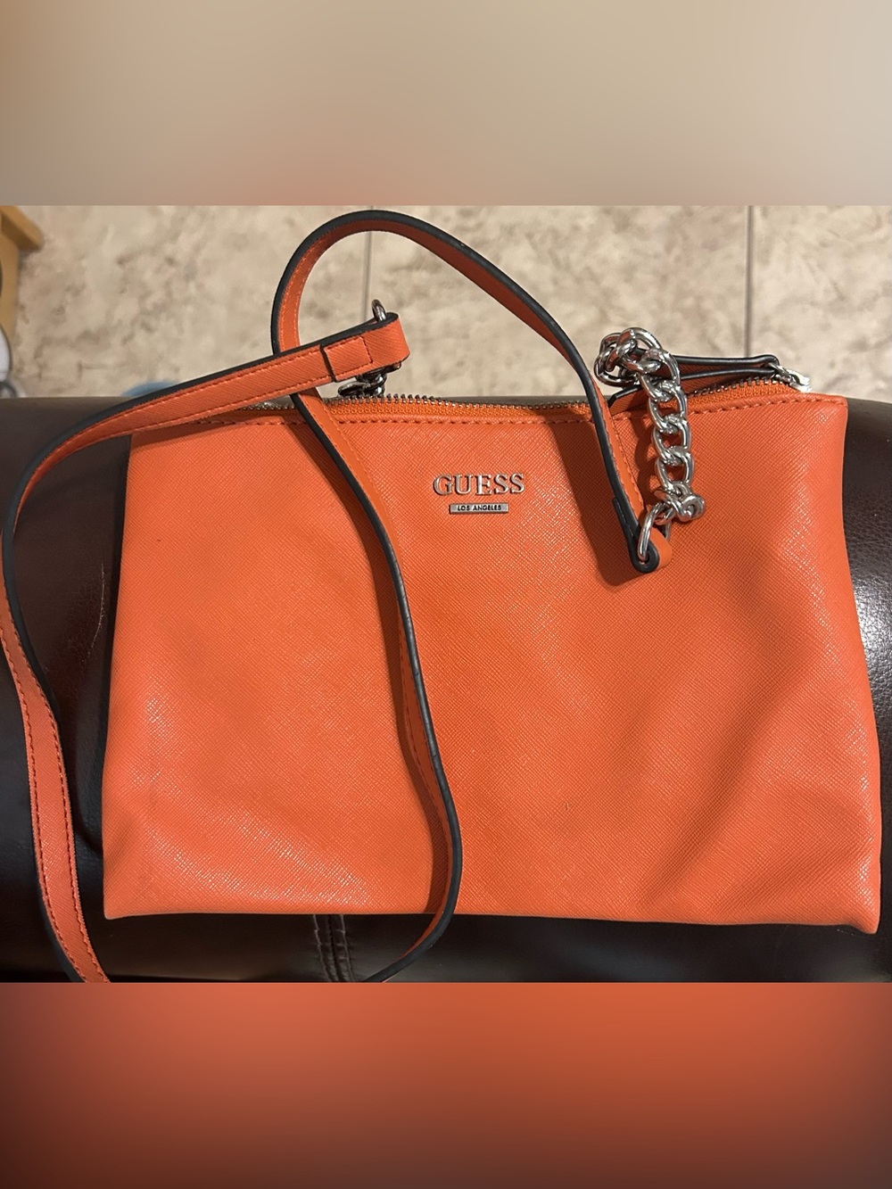 GUESS Orange Leather Shoulder Bag with Silver Chain